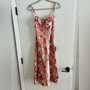 Lulus Spirit Peach Multi Floral Satin Tie-back Midi Dress Pink NEW WITH TAGS